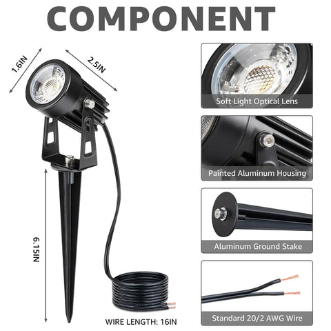 All In One Outdoor Landscape Lighting Kit component with 3W aluminum uplight, optical lens, ground stake, and wiring details