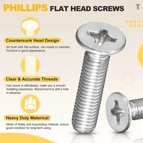 DIY Ready Stainless Steel Phillips Countersunk Bolts And Nuts Kit, close-up of flat head screw and thread detail