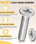 Close-up of Phillips flat head screw from Indoor Metal Fasteners Kit With Stainless Steel Countersunk M3 0.5 Threaded Bolts And Nuts 360 Piece DIY Ready Bundle Flat Head Screws Hex Key Wrench Included Assorted Lengths 4 6 8 10 12 16 20 Mm Silver.