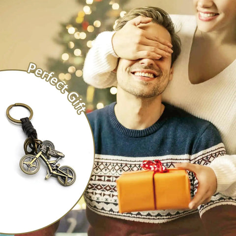 Vintage Leather And Bronze Bicycle Keychain With Metal Wheel And Handlebars Pendant, Personalized Key Ring gift for husband