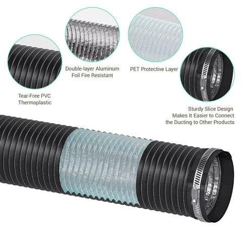 Workhorse Easy Install 4 Inch Dryer Vent Hose With Two Clamps, 6.56 ft, showcasing four-layer PVC/aluminum foil build