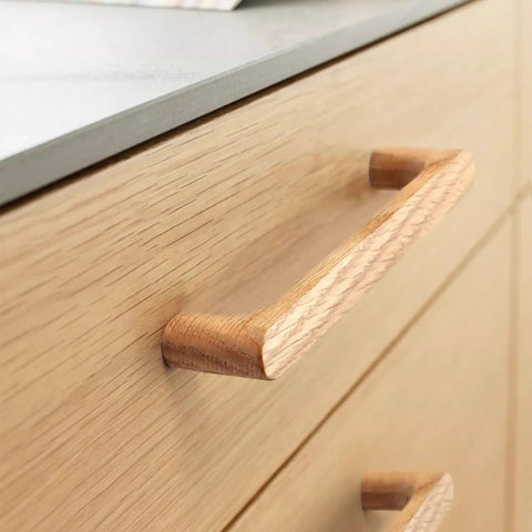 Built Tough Solid White Oak Wood Drawer Knobs For Kitchen Cabinets And Bedroom Dressers Featuring A Modern Single Hole Mount close-up view.
