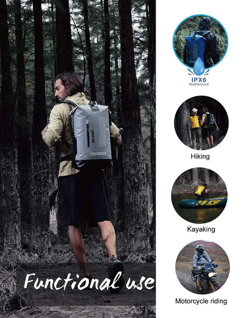 Man wearing gray 20L Waterproof Dry Backpack For Men 20L 30L 40L - Floating Dry Bag For Kayaking Hiking Camping - 500D PVC forest hiking