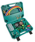 Pro 4 Way AC Manifold Gauge Set With Case For R1234yf R134a R404a 4 Color Coded 5ft Hoses, open case with gauges