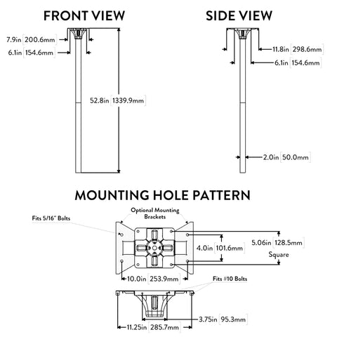 Technical diagram of Coolidge Galvanized Steel Mailbox Post in Black for Outdoor Use, showing front, side views, and mounting pattern.