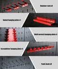 Close-up of pegboard with red tool organizers, including hammer rack, swivel plate, multi wrench plate, screwdriver plate, and hooks.