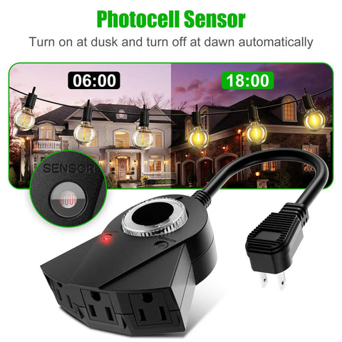 Outdoor Waterproof Plug In Light Timer With Photocell Sensor Dusk To Dawn Auto On Off 24 Hour Countdown Modes 2 4 6 Or 8 Hours No Fuss Setup Weatherproof Outdoor Outlet For Backyard Garden Patio Christmas Decorations