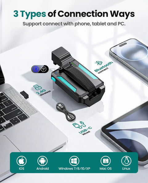 Bluetooth Barcode Scanner Wireless 2D 1D Back Clip Reader With USB C Wired And 2.4G Wireless Options displayed with devices
