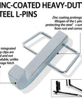 Close-up of zinc-coated heavy-duty steel L-pin with snap clips for weight distribution hitches, shown with hitch in use.