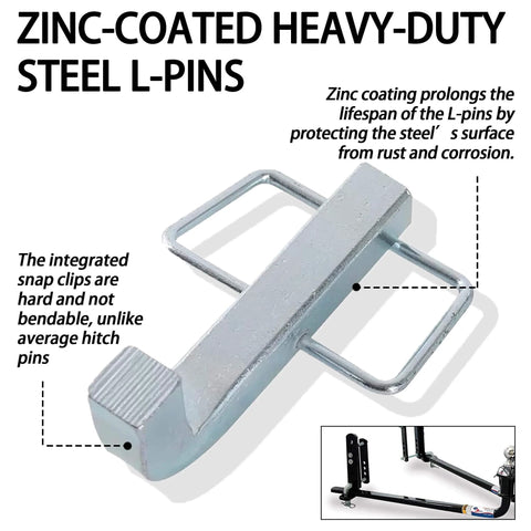 Close-up of zinc-coated heavy-duty steel L-pin with snap clips for weight distribution hitches, shown with hitch in use.