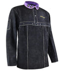 Cowhide Welding Cape Jacket Built Like A Tank Featuring Full Cape Sleeves Anchored To A Heavy Duty Bib Apron For Top Tier Heat And Spark Shielding In Pitch Black, showcasing secure snaps and stitching.