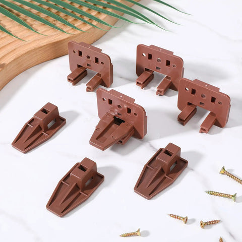 Twenty Pack Of Sturdy Plastic Drawer Slide Tracks And Center Mount Glides Replacement Kit with brown glides and screws on a marble surface.