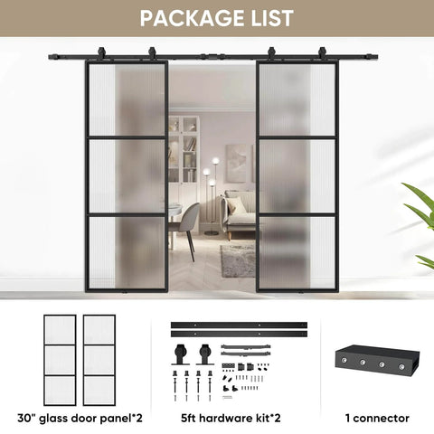Two In One Double Barn Door Set 60 Inch By 84 Inch With 10 Ft Hardware Kit And Soft Close Reeded Glass Carbon Steel Frame