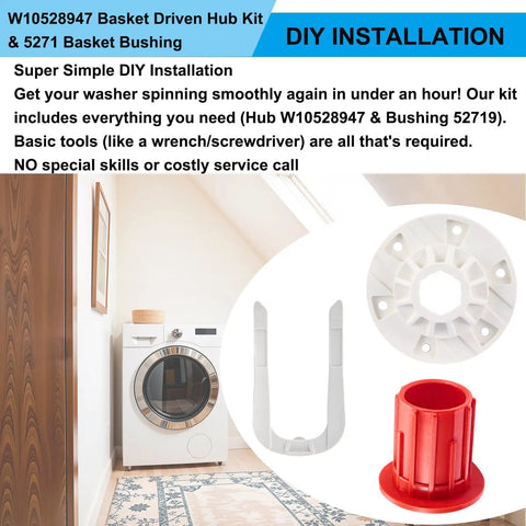 Washer Basket Driven Hub Kit With Bushing Assembly For Whirlpool Maytag Kenmore Washers Replacement W10528947 52719 AP5665171 2684908 Easy Install Ready To Roll, white hub and red bushing