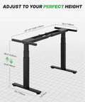 Dual Motor 3-Stage Standing Desk Frame With Electric Height Adjustment, shown with dimensions and adjustable range.
