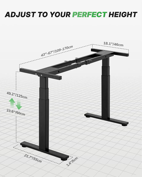 Dual Motor 3-Stage Standing Desk Frame With Electric Height Adjustment, shown with dimensions and adjustable range.