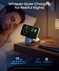 Prime 3 In 1 Wireless Charging Station With AirCool Tech 25W Qi2.2 MagSafe Charger for iPhone 17 on nightstand next to sleeping person