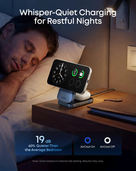 Prime 3 In 1 Wireless Charging Station With AirCool Tech 25W Qi2.2 MagSafe Charger for iPhone 17 on nightstand next to sleeping person
