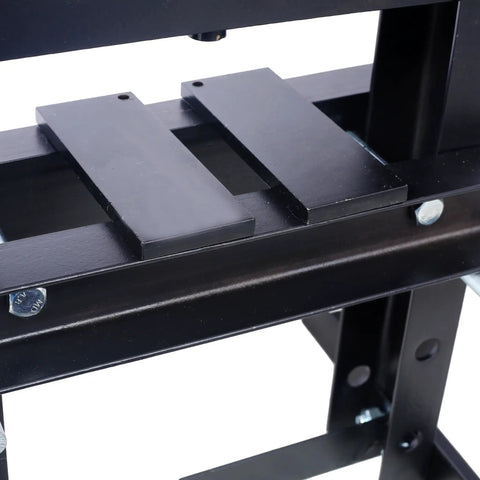 Close-up of heavy duty press plates on the Badass 6 Ton Hydraulic Shop Press A Frame Design with adjustable benchtop stand.