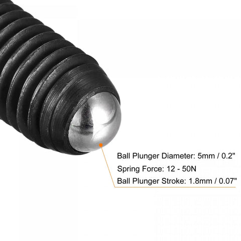 Close-up of Hardcore Spring Loaded Ball Plunger Set Screw, 5mm diameter, part of 20 Pack M8 X 16mm High Carbon Steel Hex Drive.