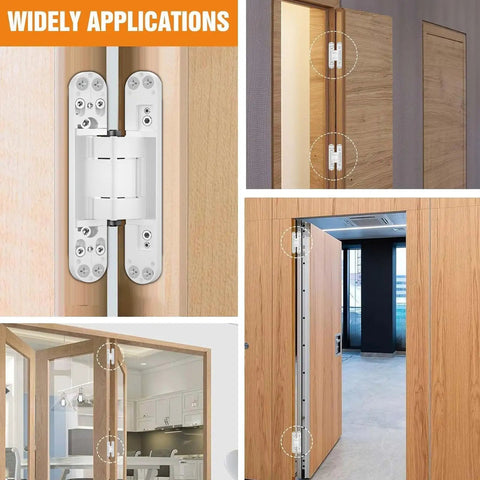 6 Inch Hidden Door Hinges Concealed Invisible Joint Hardware For Seamless Closets And Room Dividers shown in various applications.