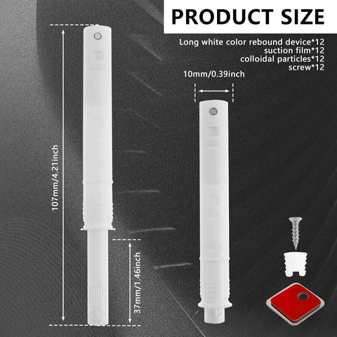 Two white rebound devices with size measurements for 12 Pcs Magnetic Push Latches For Cabinet Doors And Drawers Hidden Touch Latch System.