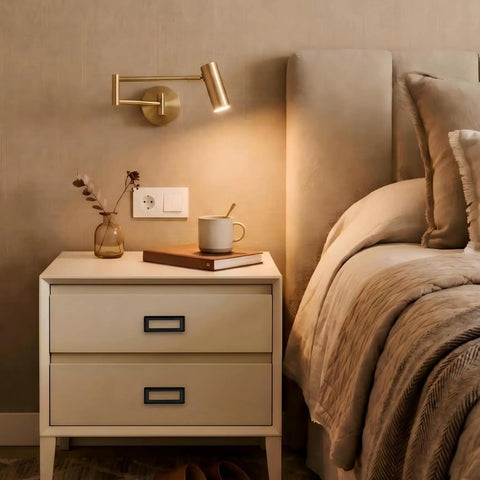 Bedroom scene with nightstand featuring hidden furniture handle recessed flush door pull three point seven five inch hole center matte black.