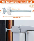 M8 Threaded Replacement Screws For Baby Gate And Pet Door Hardware With Rubber Wall Protectors White 4 Pack Adjustable Spindles No Sweat Setup Rock Solid Upgrade, showing a detailed view of screws with dimensions.
