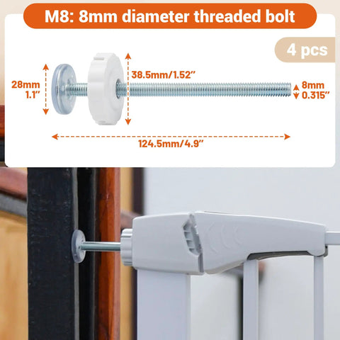 M8 Threaded Replacement Screws For Baby Gate And Pet Door Hardware With Rubber Wall Protectors White 4 Pack Adjustable Spindles No Sweat Setup Rock Solid Upgrade, showing a detailed view of screws with dimensions.