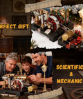 Hands On Steam Engine Kit For Makers Retro Vertical Metal Engine With Spherical Boiler, three people assembling kit