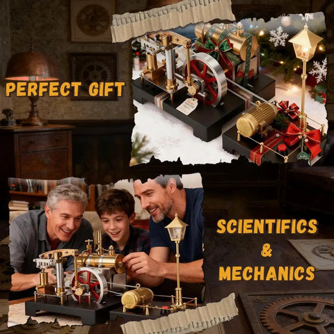 Hands On Steam Engine Kit For Makers Retro Vertical Metal Engine With Spherical Boiler, three people assembling kit