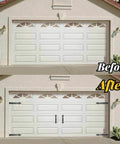 Before and after of garage door with Magnetic Decorative Garage Door Hardware Set With 4 Faux Hinges And 2 Handles In Black Finish