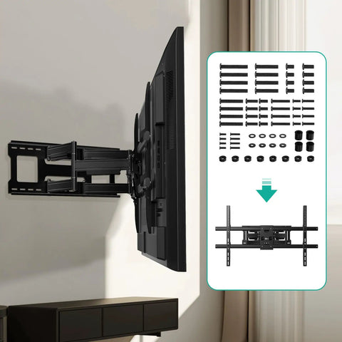 Universal TV Mount Hardware Kit Featuring M4 M5 M6 M8 Screws And Spacers In A Sturdy Organizer Box with wall-mounted TV and screws.