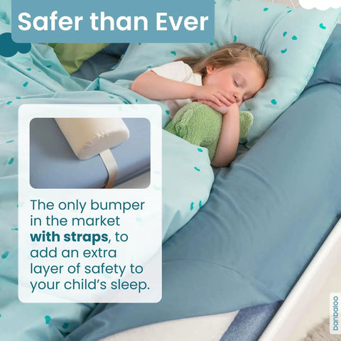 Image of a girl sleeping safely with the Skip The Worry With This Ultra Cozy Foam Bed Bumper That Anchors Toddler Squad firmly against nighttime roll outs.