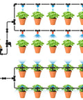 Diagram of Push To Connect 1/4 Inch Tee Irrigation Fittings showing water flow setup for potted plants with drip system