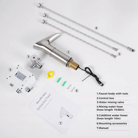 LED Waterfall Touchless Bathroom Faucet With Motion Sensor, Nickel Finish, parts laid out, showing construction and accessories.