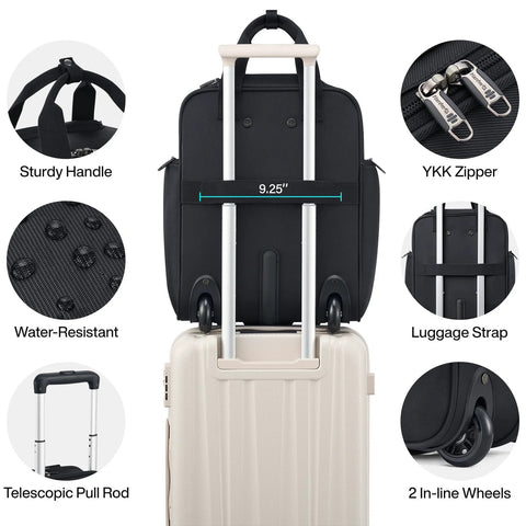 Hanke 16-inch under-seat carry-on luggage with wheels; black bag stacked on beige rolling suitcase (two-piece set).