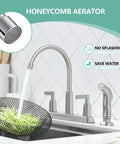 Heavy Duty Brushed Nickel Kitchen Faucet With Side Sprayer And Stainless Steel Body, Dual Lever Handles, Smooth 360 Swivel Spout, Straight Up Upgrade For RV Or Utility Sinks, Super Easy Install, showing honeycomb aerator and water flow.