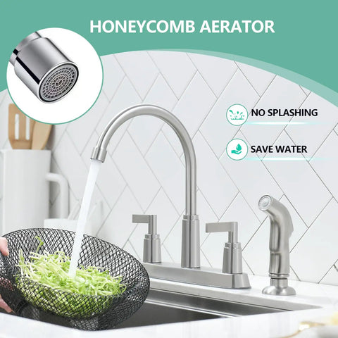 Heavy Duty Brushed Nickel Kitchen Faucet With Side Sprayer And Stainless Steel Body, Dual Lever Handles, Smooth 360 Swivel Spout, Straight Up Upgrade For RV Or Utility Sinks, Super Easy Install, showing honeycomb aerator and water flow.