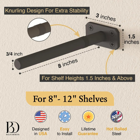 Beefy Ultra Strong Invisible Floating Shelf Brackets 8 Inch 4 Pack Heavy Duty Hidden Shelf Hardware Supports Up To 300 Lbs Kitchen Bathroom Fireplace Living Room Mantels showing knurled rod and 8-inch bracket