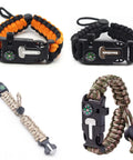 Four Pack Multi Color Paracord Survival Bracelets Five In One Kit With Adjustable Length Loud Whistle Emergency Compass Fire Starter Scraper And Eleven Feet Paracord For Hiking Camping And Hunting displayed in four colors