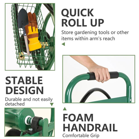 Heavy Duty Garden Hose Reel Cart Holds Up To 300 Feet Of Hose, Tough Four Wheel System, storage basket with gloves
