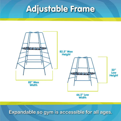 Backyard Jungle Gym Climbing Set With Adjustable Steel Frame Weather Resistant Canopy And Platform Outdoor Playset For Kids Ages 3 To 12 Expands From 22 To 47 Inches Built To Hold Up To 220 Lbs. showing frame dimensions