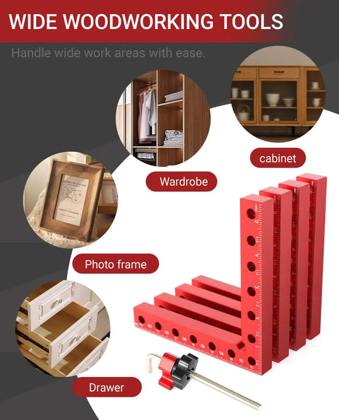 Four Piece Pro Grade 90 Degree Corner Clamps Set For Woodworking With 5.5 Inch Aluminum Alloy Right Angle Clamps And Handy Storage Case For Frames Cabinets Drawers red clamps