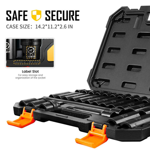 Half Inch Drive Impact Socket Set, 33 Piece Deep And Shallow Metric Socket Set From 8mm To 22mm, Includes 5 Inch And 10 Inch Extension Bars, Universal Joint, 6 Point Design, CRV Steel, Built To Last, ANSI Standards in an open black case with label slots and orange latches