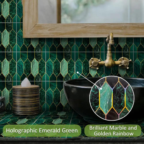 Emerald Holographic Hexagon Peel And Stick Backsplash Tiles Art Deco Self Adhesive PVC Wall Tiles behind a bathroom sink