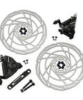 Top Tier Flat Mount Dual Piston Mechanical Disc Brake Set With 160mm Rotors And Heat Dissipating Pads For Killer Stopping Power On Fat Tire Bikes And Gravel Ebikes Including Full Mount Kit featuring rotors, caliper, and hardware.