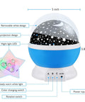 Diagram of Nebula Star Projector Night Light With 360 Degree Rotation showing dimensions and control functions