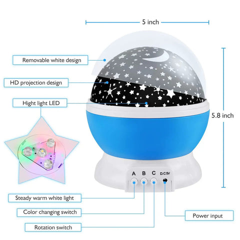 Diagram of Nebula Star Projector Night Light With 360 Degree Rotation showing dimensions and control functions