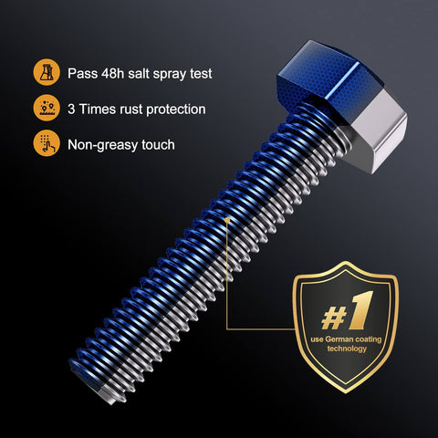 Detailed view of a blue-coated bolt showing rust protection features with German coating technology badge on dark background.